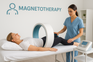 Aplicación de tratamiento de magnetoterapia con solenoide circular en articulación para reducir inflamación en la clínica Fisio Quercus.